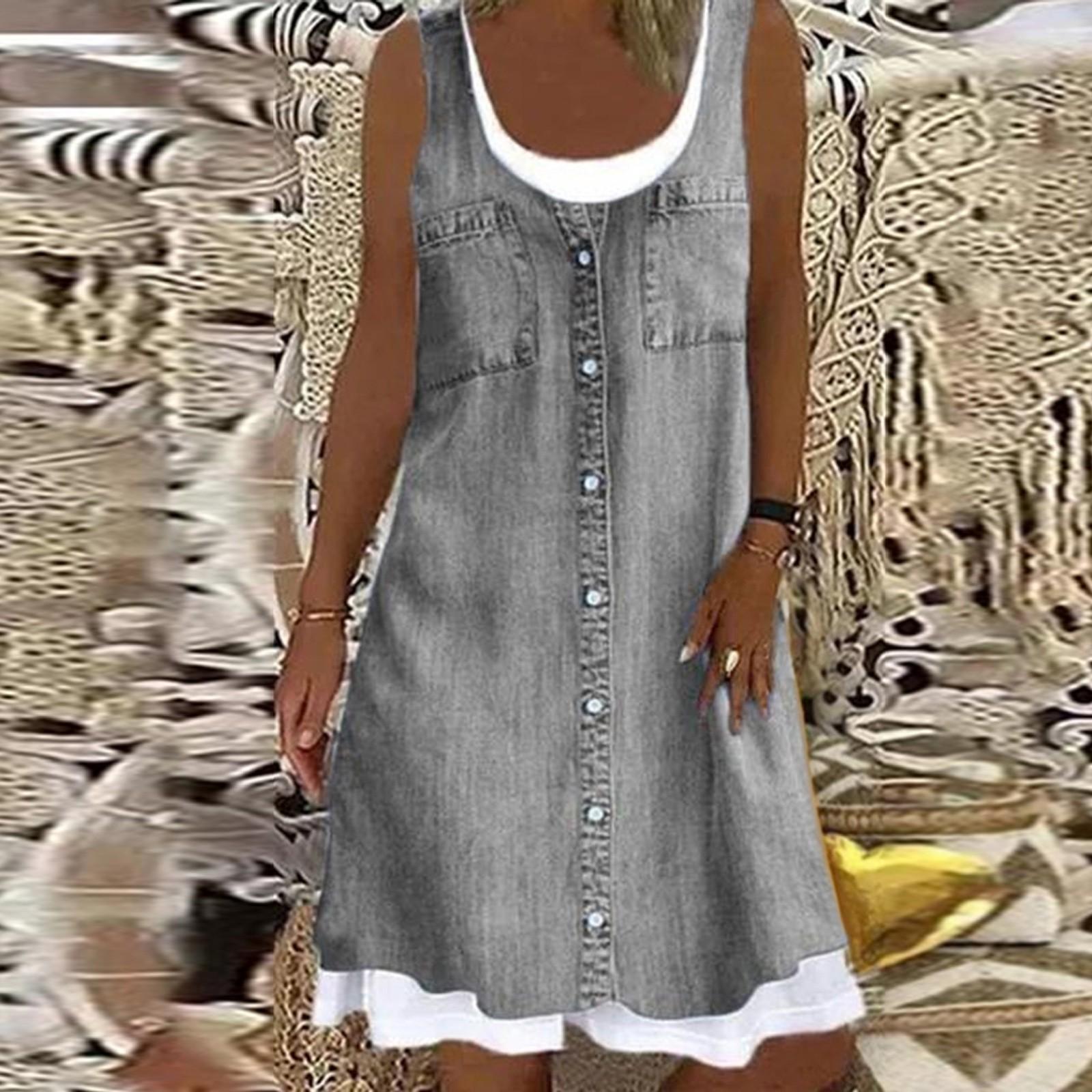 Модное женское свободное повседневное платье без рукавов с фальшивым воротником и круглым — фото 5