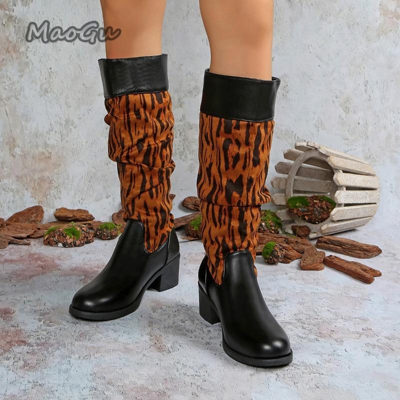 Vintage Leather Chunky Heel Riding Boots for Women  Autumn Winter Plus Size 36-41 Long Boots Knee-High Pleated Botas Mujer