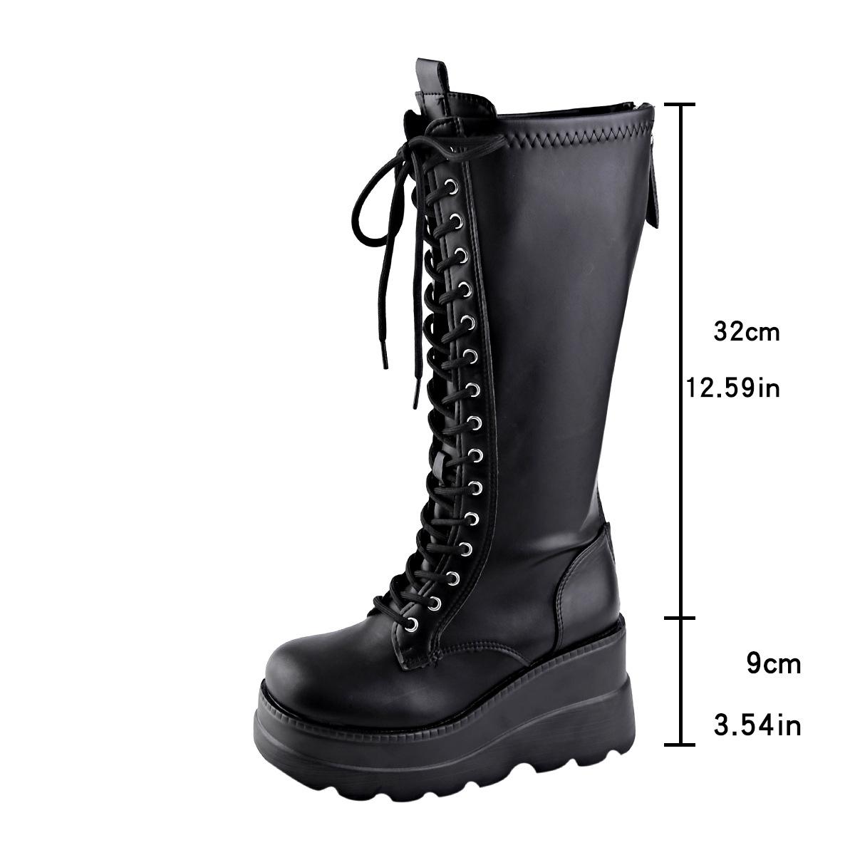 

Платформенные ботильоны для женщин Черная кожа Толстая подошва На шнуровке Ботинки до середины икры Женские Уличный стиль Танкетки Botas Mujer На высоком каблуке 35 чёрный