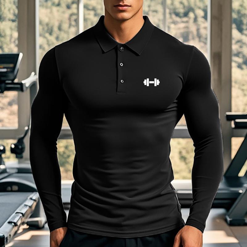 Muscleguys Men's Running Polo Shirts Long Sleeve Button Moisture Wicking Quick Dry Athletic Workout T-Shirts Compression Fitness T Shirts