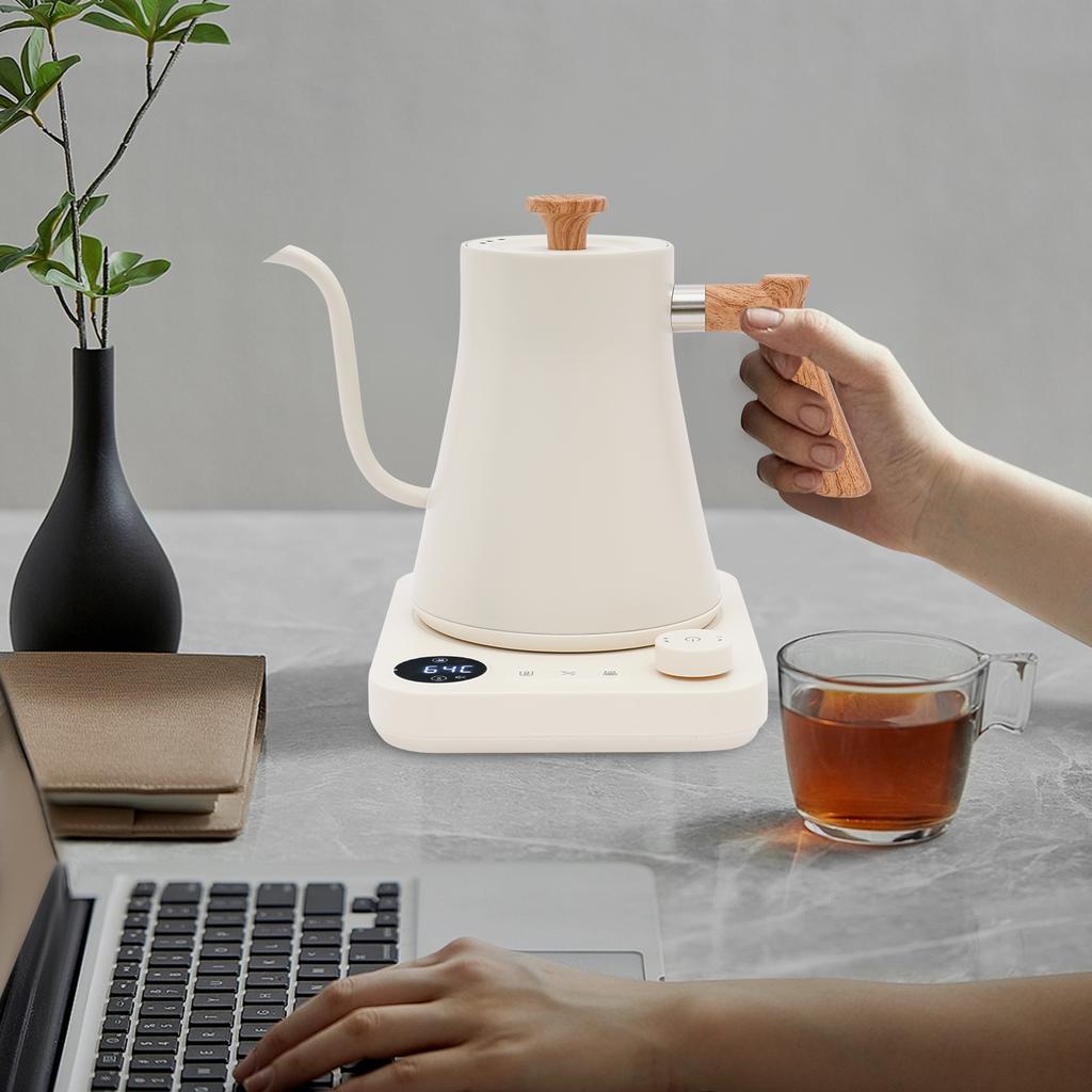 1200W 0.9L Stainless Steel Electric Kettle, Electric Gooseneck Kettle for Coffee and Tea with LED Display (White)
