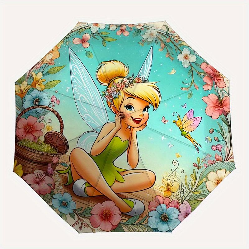 Disney Tinkerbell Automatic Open/Close Umbrella - Cute Umbrella with Cute Design, Portable 3-Fold Compact Umbrella for Men & Women, Valentin