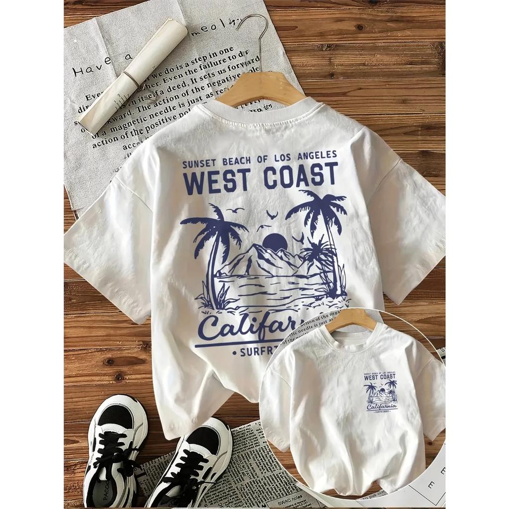West Coast Graphic Print with Palm Trees T Shirt Short Sleeve Women Tshirt Clothes Women Retro Aesthetic T-Shirts