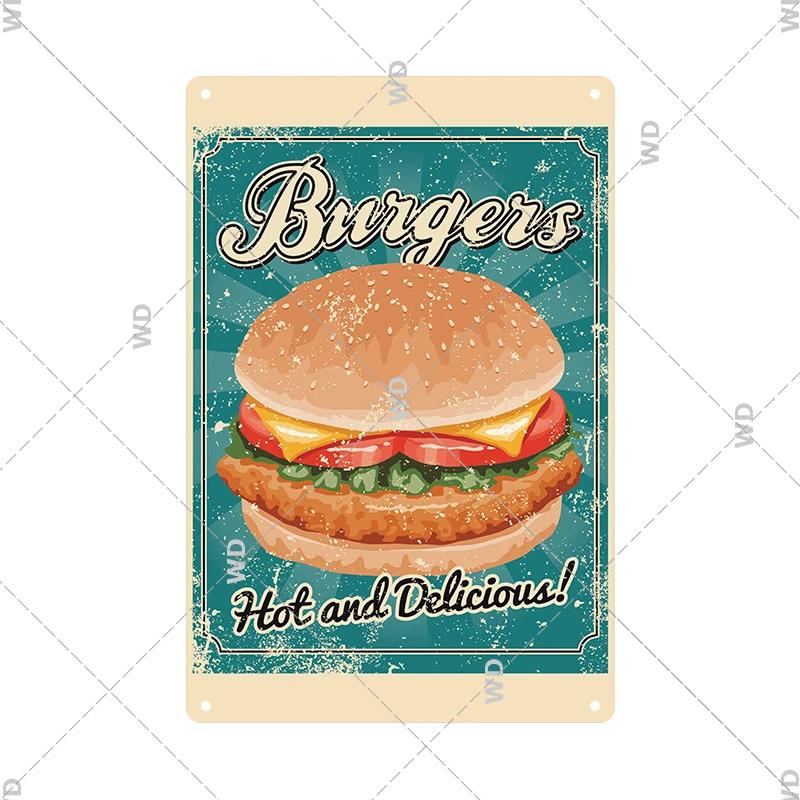 Panneau en étain pour hamburgers, frites, HotDogs, FastFood, Plaque métallique rétro Vintage, affiche en métal, Pizza BBQ pour décoration murale de cuisine