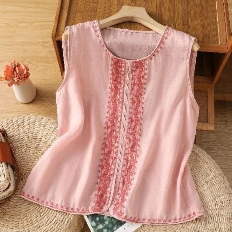 Women Floral Embroidered Round Neck Sleeveless Linen Blend Vest