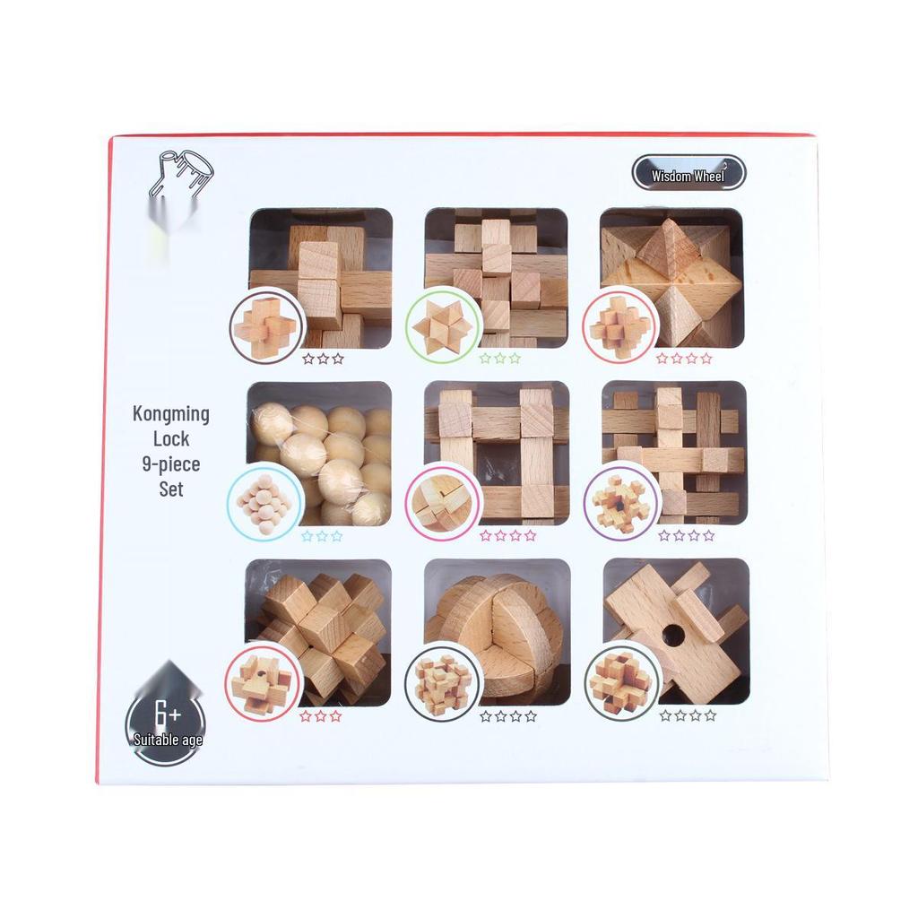 Mini Beechwood Kongming Lock & Luban Nine Ring Puzzle Set - Educational Brain Teaser for Kids & Students