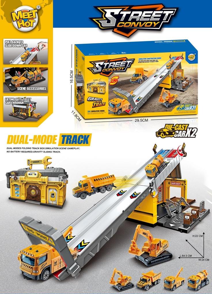 CHuxin Vehicle Toy Truck Foldable Sliding Transformable Rail Track Compact Box Design Transforming Toy Car Play Truck for Kids 4 Mini Cars Included