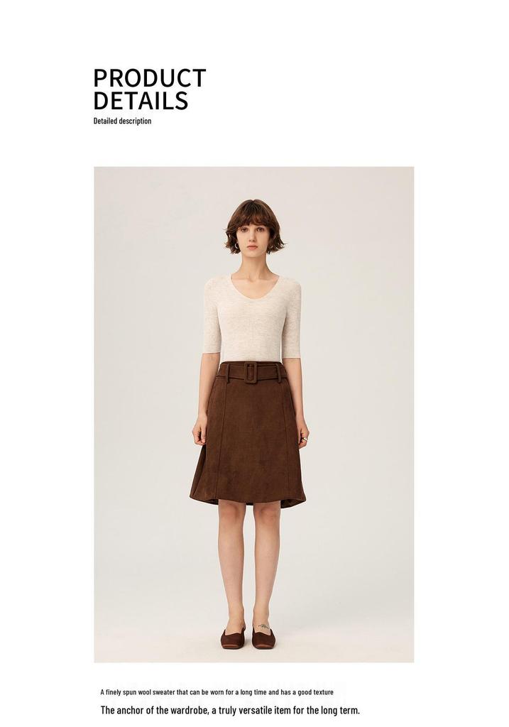 Autumn/Winter 100% Wool V-Neck Sweater Dress with Five-Quarter Sleeves
