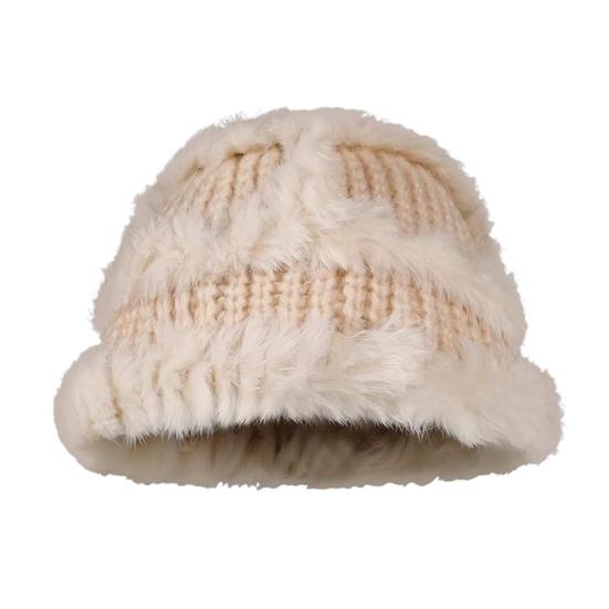 Women Fisherman Hat Imitation Rabbit Fur Decor Autumn Winter Windproof Warm Dome Soft Knitting Basin Hat