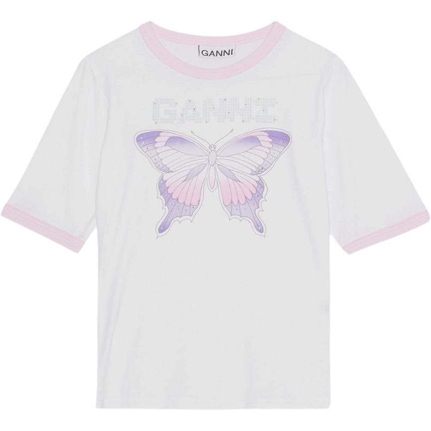 Ganni Ss23 Butterfly Print Pullover Round Neck T-Shirt Women Tops White T3353-151