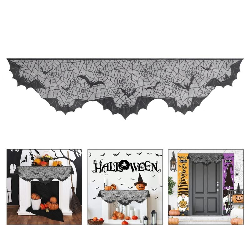 Elegant Halloween Lace Mantle Scarf with Spiderweb and Bat Motifs, Black Halloween Cobweb Fireplaces Scarf 200x50cm