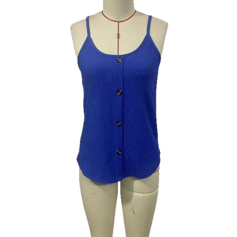 Damen Uni Geripptes U-Ausschnitt Falsche Knopfleiste Spaghettiträger Locker Lässiges Cami Tanktop
