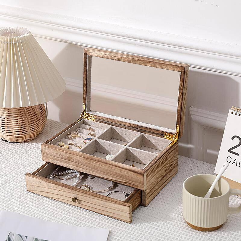 Wooden Jewelry Box Large 2Layers Multi Functional Organizer Jewelry Aesthetic Storage Box Retro Luxury Personalized Packaging Ornaments Funny Gifts