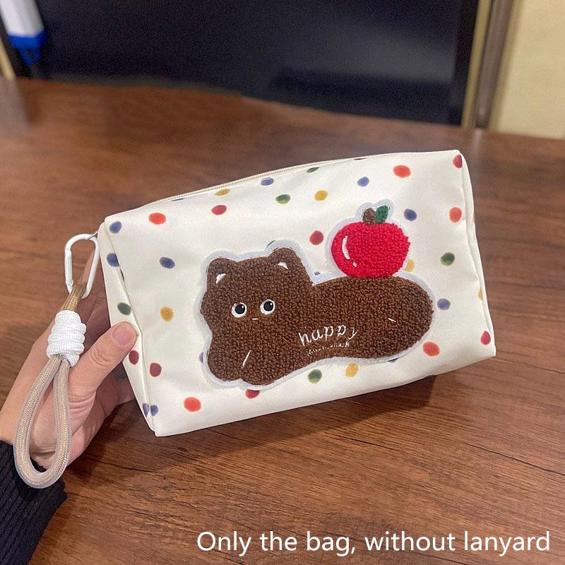 Cute Kitten Apple Cat Polka Dot Makeup Bag Sweet Trendy Cosmetic Bag Large Capacity Travel Portable Storage Bag Pencil Case Gift