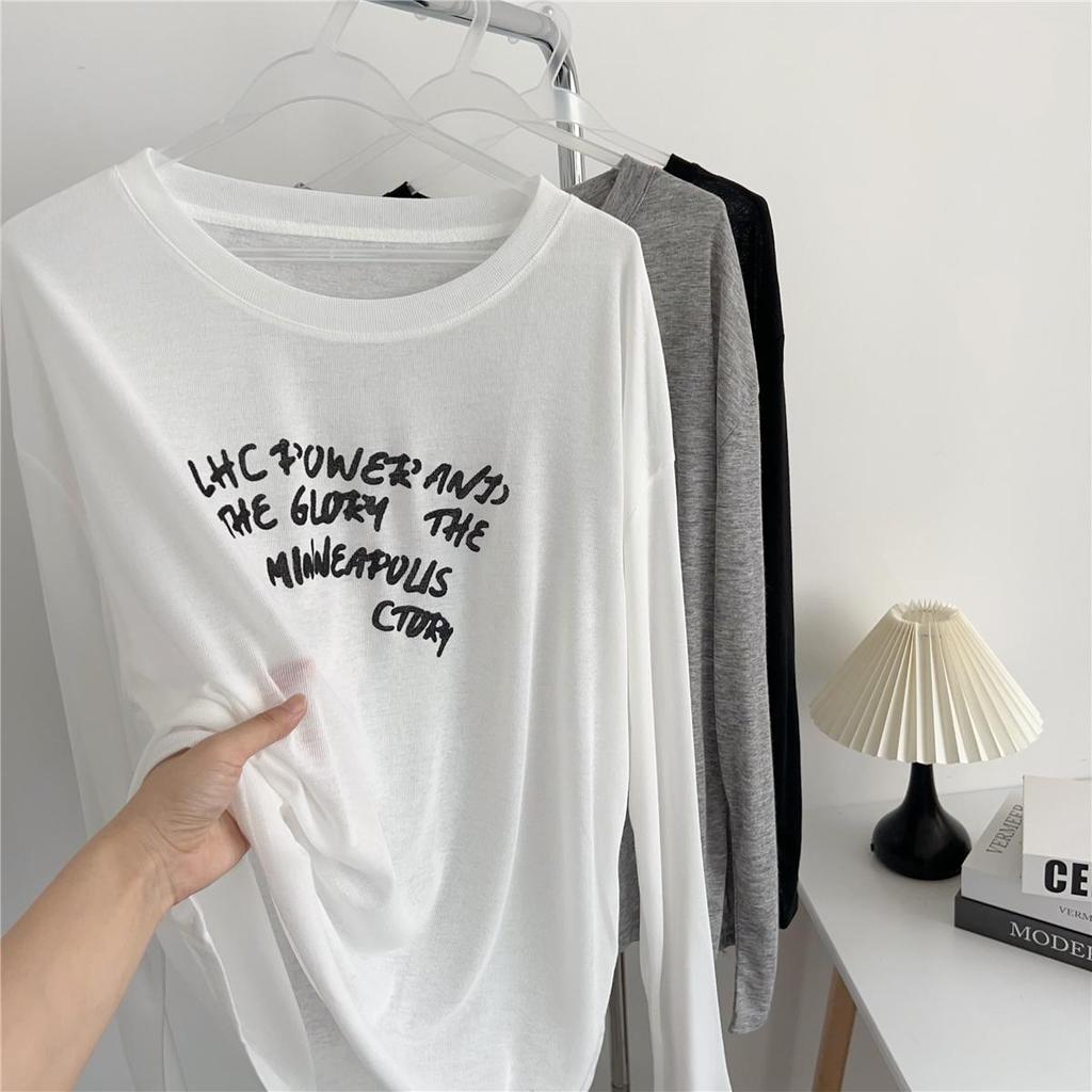 Korean Lazy Style Women's Off-Shoulder Letter Print Sun Protection Long-Sleeve T-Shirt