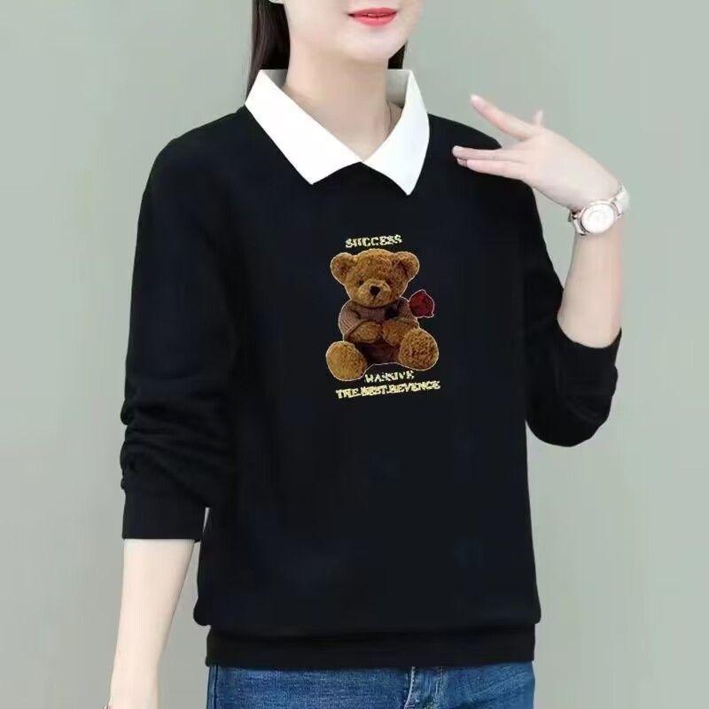 2025 Autumn/Winter Women's Plus Size Velvet Polo Collar Long Sleeve Cartoon Print Sweater
