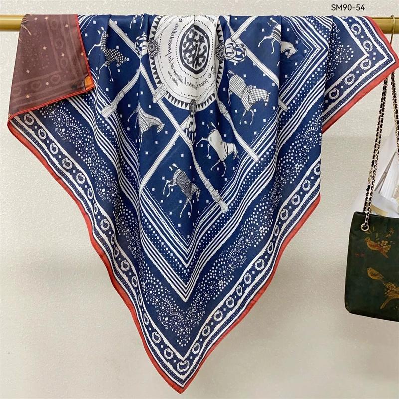 Double-Sided Faux Silk And Wool Printed Scarf For Women Spring And Autumn 90Cm Square Scarf Foulard Bandana Femmel Headscarf