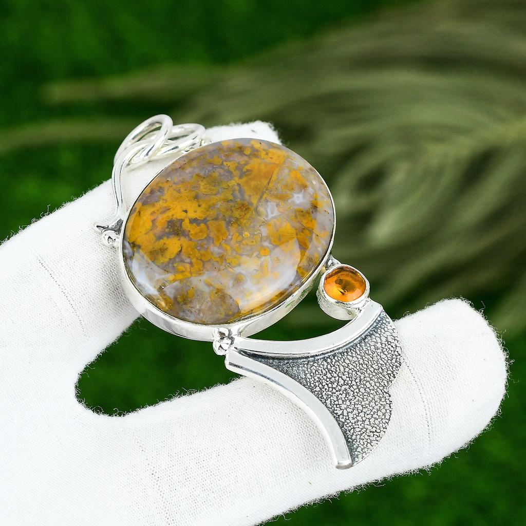 Sterling Silver Polka Dot Agate Stone Honey Topaz Handcrafted Bezel Wife Pendant