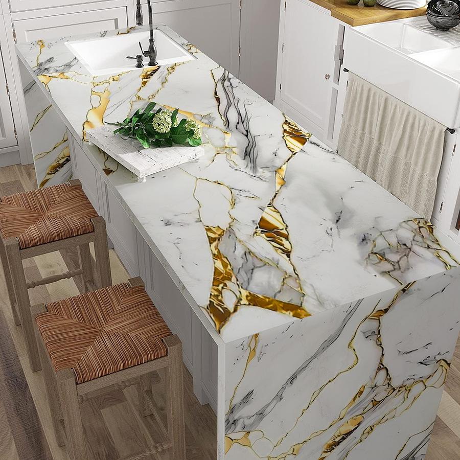 Self-Adhesive Gold Foil Marble Wallpaper Peel & Stick, Waterproof Oil-Proof Kitchen Backsplash Countertop Sticker, 5-Layer PET Wall Decal for Furnitur