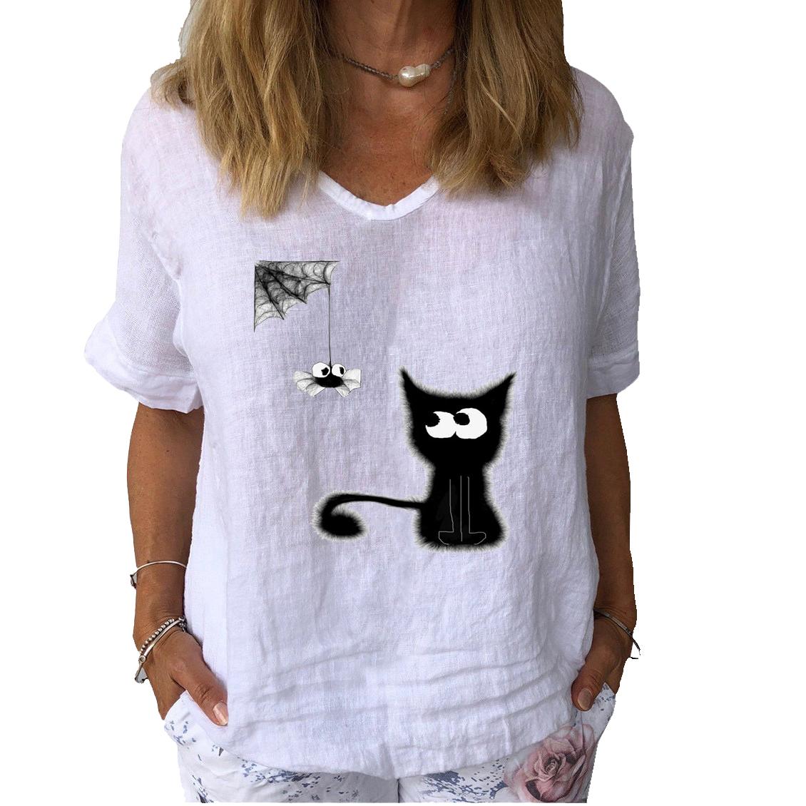 

Жіноча Мода Сорочка з Льону з Принтом Кота Літній Повсякденний Топ з Коротким Рукавом Пуловер з Квітковим Принтом Вільна Блузка 2XL