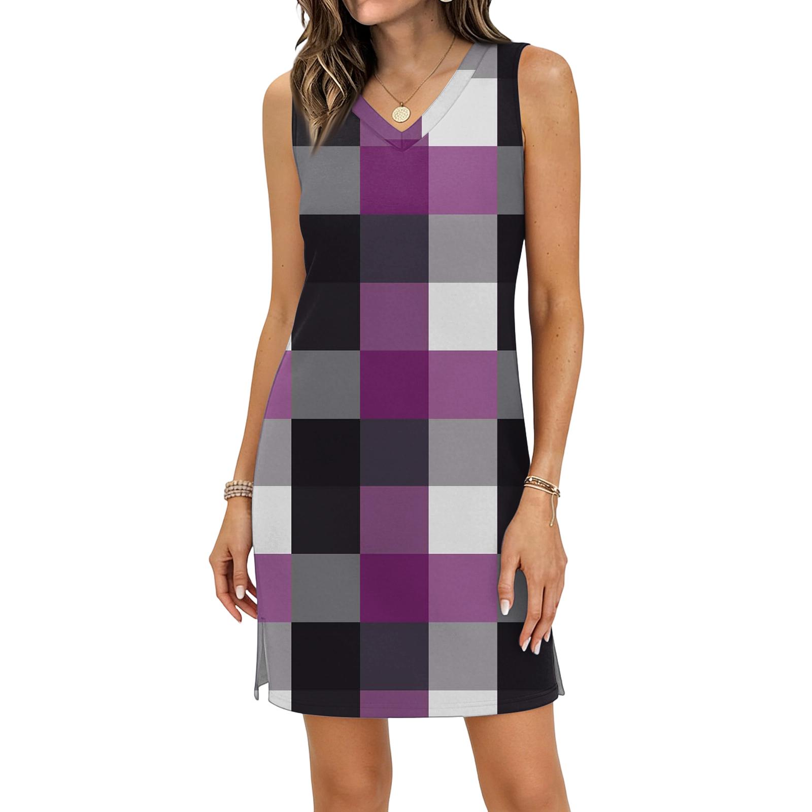 Women s Casual V-neck Sleeveless Split Hem Plaid Print Dress XL фиолетовый