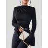 Women's Fall/winter Versatile Shirred Design Flared Sleeve Stand-up Collar Slim T-shirt