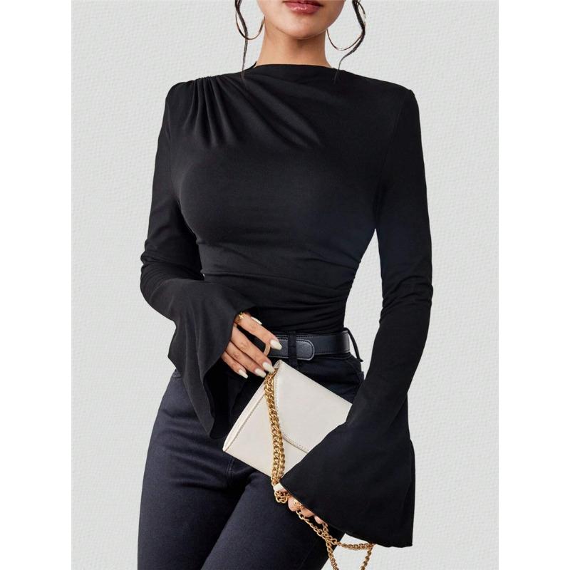 Women's Fall/winter Versatile Shirred Design Flared Sleeve Stand-up Collar Slim T-shirt
