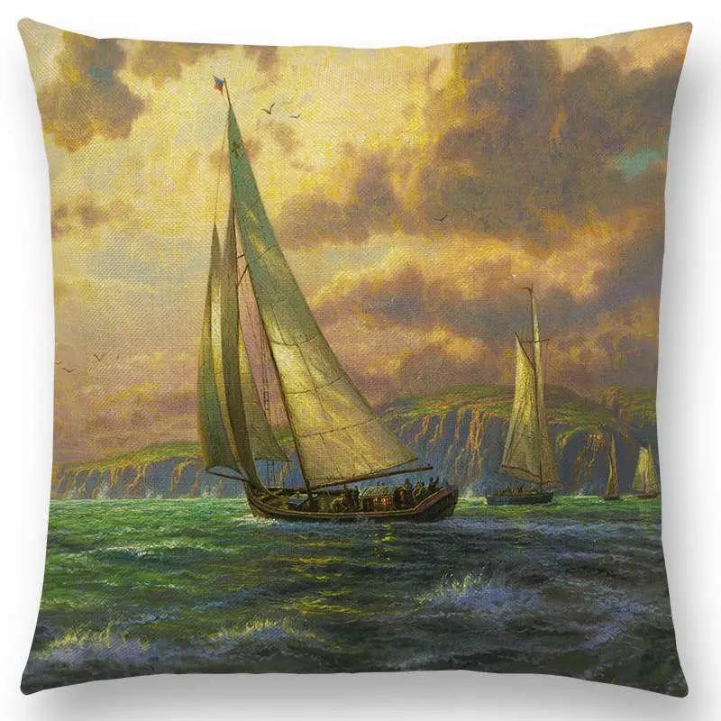 Newest American Countryside Oil Painting Cushion Cover Beautiful Scenery The Castle Lighthouse Sofa Throw Pillowcase