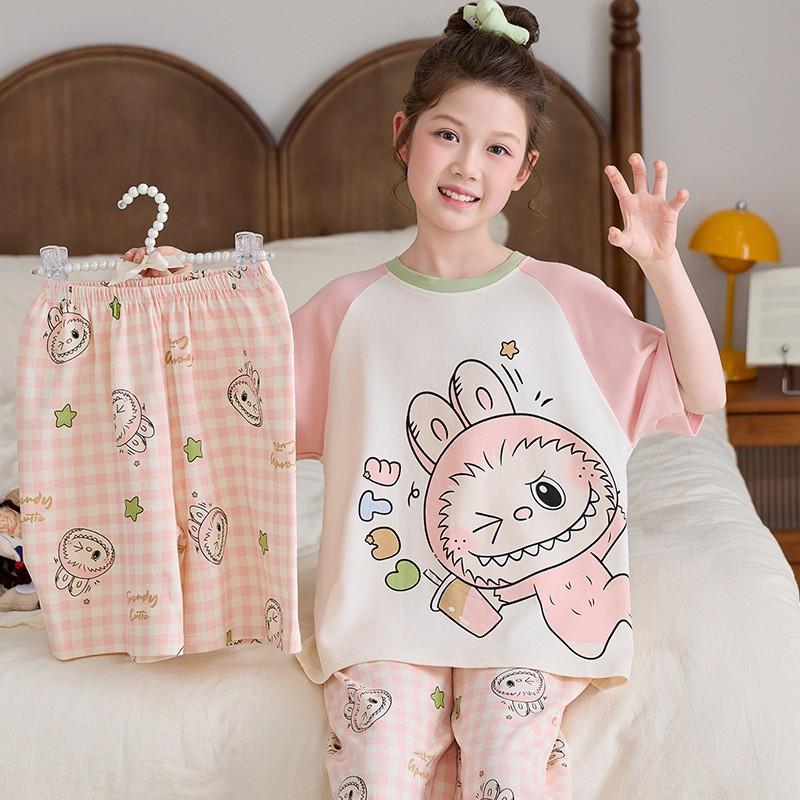 Girls Cotton Pajama Set Short Sleeve Long Pants Cartoon Print Sleepwear Kids Home Wear