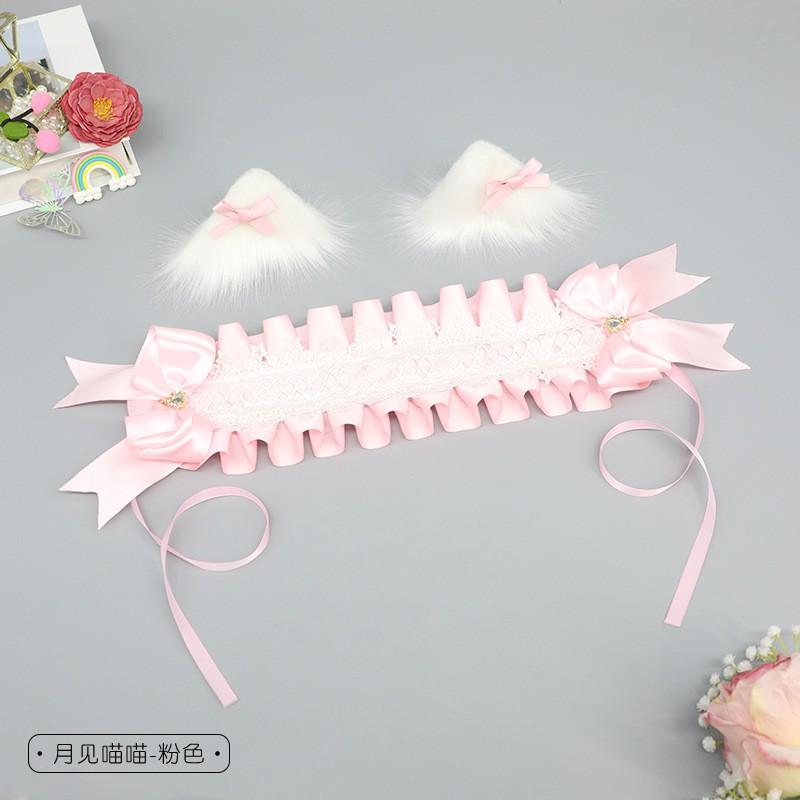 Sweet Lolita Hair Accessory Set: Handmade Bow Clips Cat Ear Headband Wide Ribbon Hairband Anime Cosplay