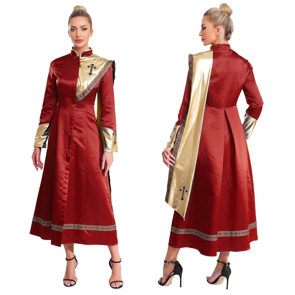 Metallisch Glänzendes Patchwork Ein-Schulter-Kasper mit Reißverschluss vorne für Damen Halloween Priester Kleriker Kostüm Kirchengewand