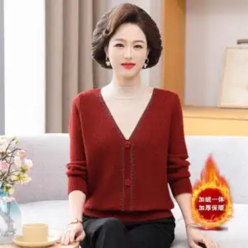 Mother's Sweater Mid-length Middle-aged Women Knitted Bottoming Wool Plus Velvet Loose Autumn Winter New