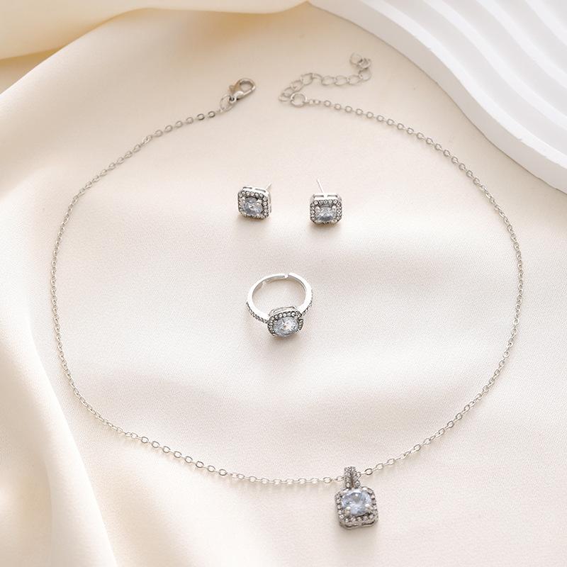 Elegant Square Cubic Zirconia Jewelry Set Necklace Earrings Ring Quadrilateral Rhinestone Three Piece Suite For Women