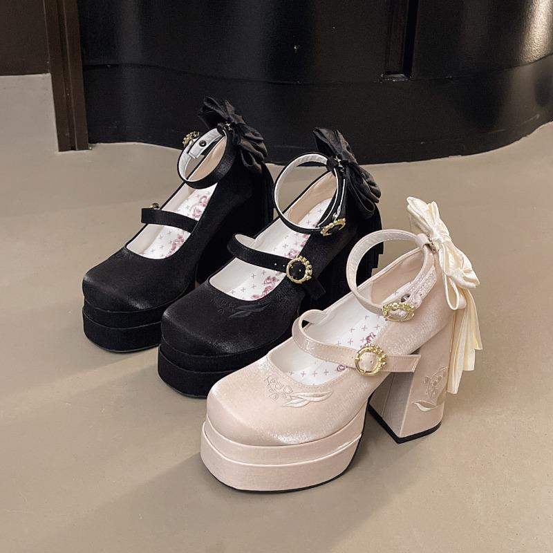 Fashion Lolita Shoes Sweet Girls Bow Velvet Platform Heels Ankle Strap Pumps Mary Jane Shoes Banquet Party Dress Shoes for Women Pumps