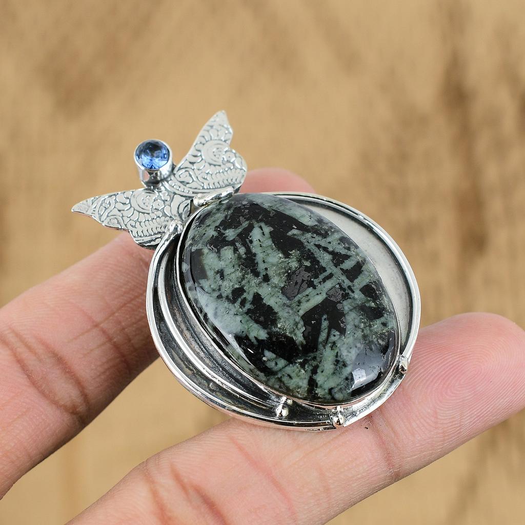 Natural Rice Jasper Gemstone Pendant Green 925 Sterling Silver Indian Jewelry