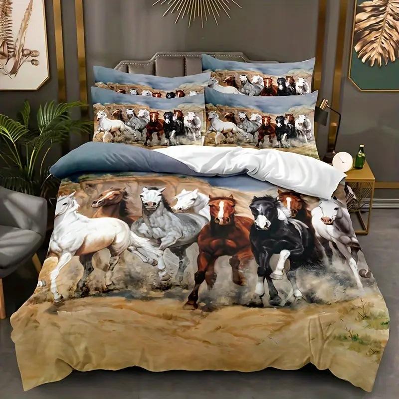 White Horse Down Quilt Set Animal Print Quilt Cover Comfortable Bedding Three-Piece Set
