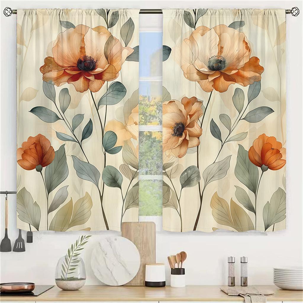 2Pcs Vintage Floral Curtains 3D Orange Poppy Pattern Living Room Bedroom Balcony Sunshade Art Decor Curtains