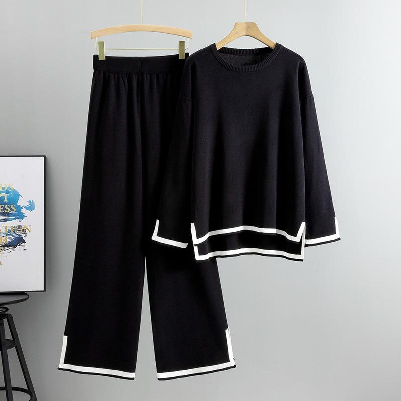 Autumn Women's Plus Size Fashion Chic Neckline Knit Top Wide Leg Pants Casual Sports Pant Suit
