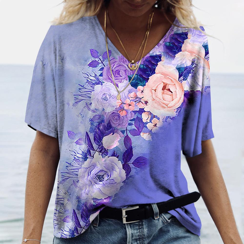 Women s fashionable floral street wear short sleeved V-neck T-shirt XS
