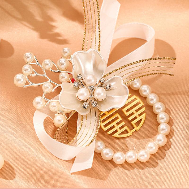 Brățară Exquisită pentru Domnișoare de Onoare cu Flori Artificiale, Panglică Dulce de Nuntă, Fundă cu Perle, Flori de Mână pentru Mireasă, Accesorii de Petrecere, Bal de Promovare, Cadouri