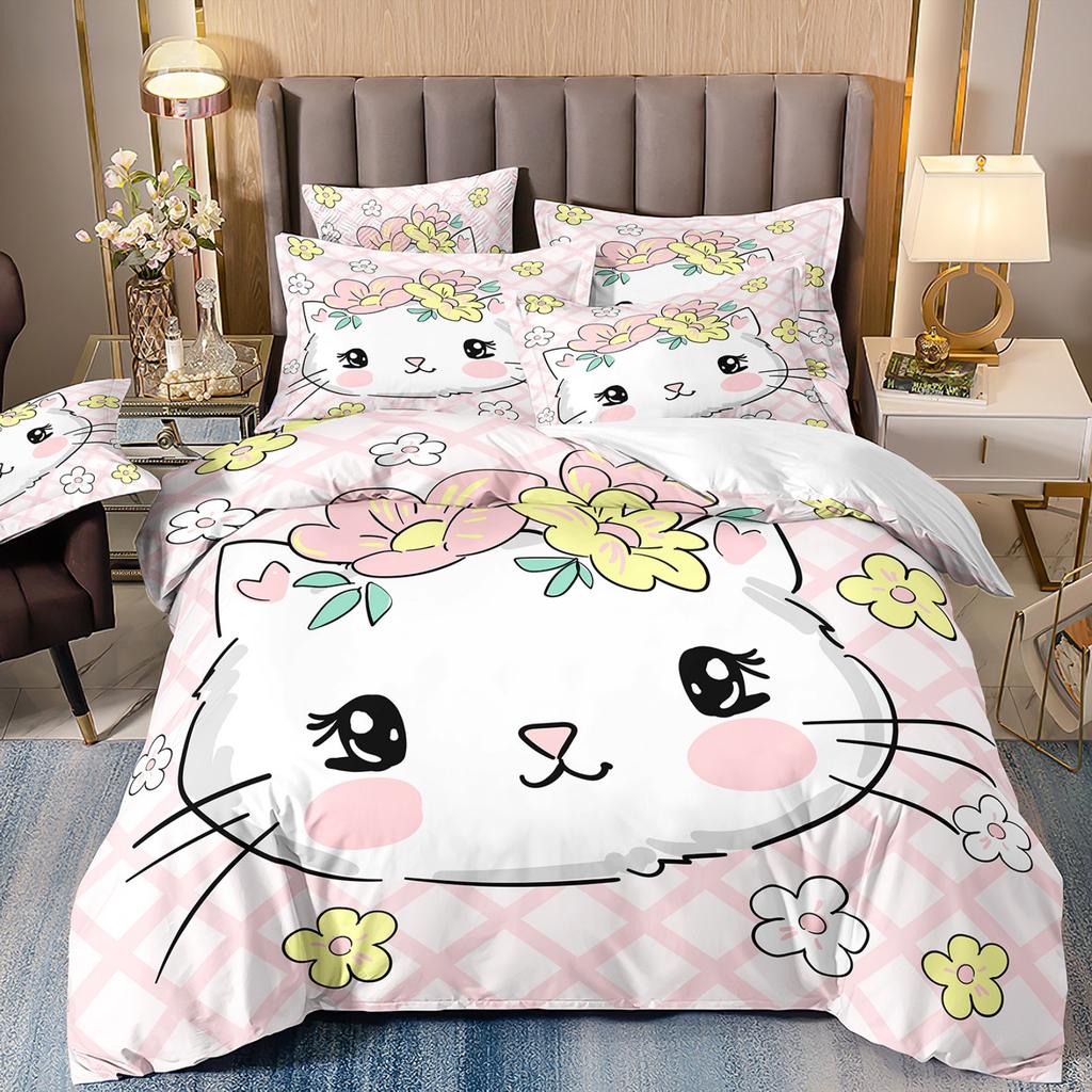 3D Digital Printing Children'S Cute Cat Bedding Quilt Cover Three-Piece Set