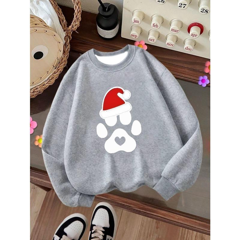 Kids Crewneck Sweatshirt, Dog Paw Prints & Santa Hat Christmas Print, Casual Tops for Fall & Winter