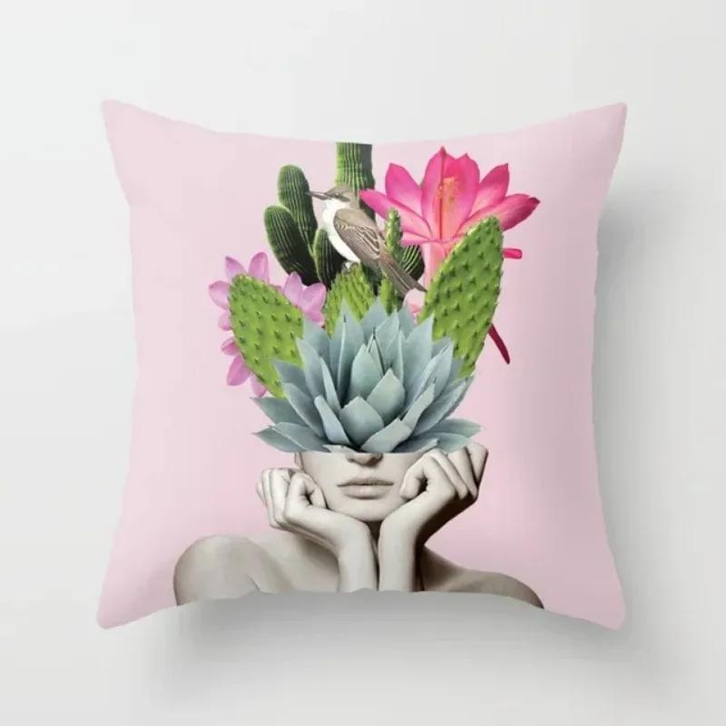 Flower Ladies Decorative Polyester Cushion Cover Sofa Abstract Art Portrait Pillow Cover  Home Decoration Pillowcase 45x45cm