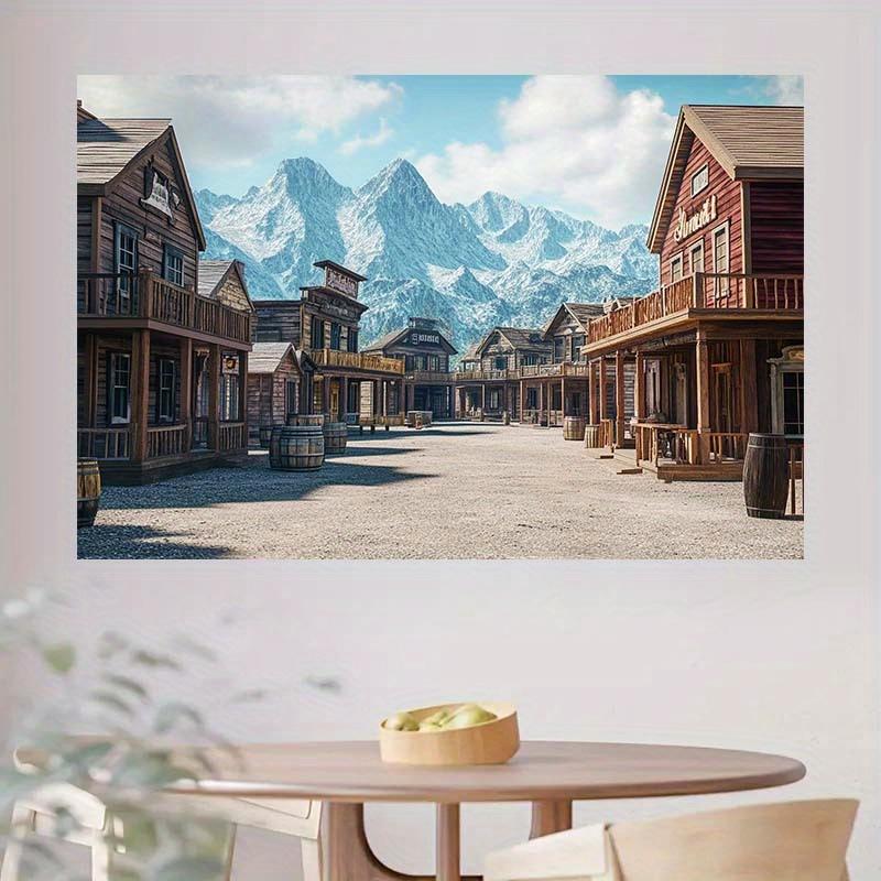 1pc Western Town Theme Background with Wooden Bar Rural Bucket and Snow Mountain