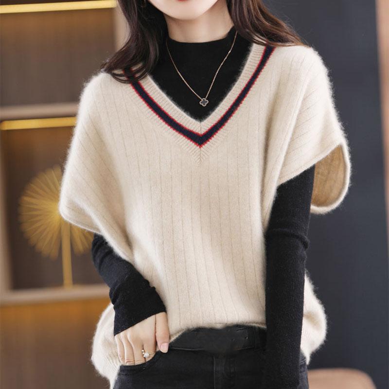 Toamnă Iarnă Vestă tricotată pentru femei, cu decolteu în V, largi, color-bloc, tricot, pulover fără mâneci