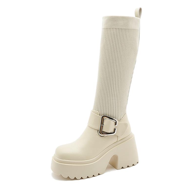 

Длинные рыцарские сапоги женские 2025 осень и зима новые маленькие тонкие эластичные сапоги рукав на толстой подошве с внутренней танкеткой 39