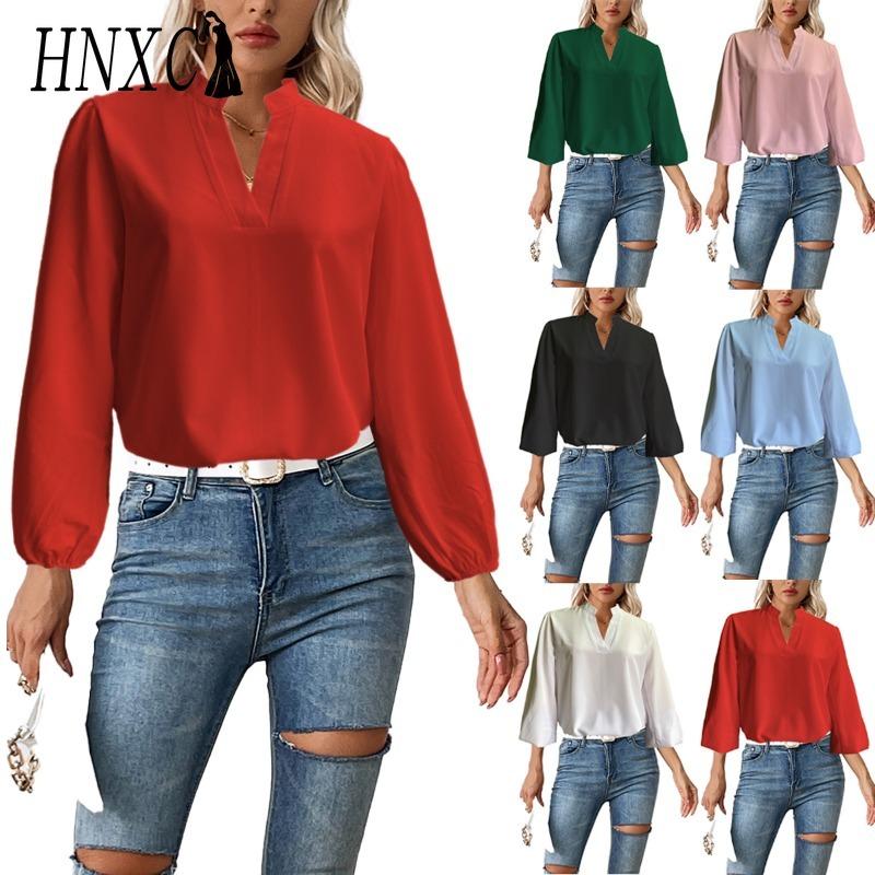 HNXC Damenmode, lässig, einfarbig, langärmelig, V-Ausschnitt, Blusen und Hemden