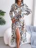 Women Retro European Style Floral Lapel Tie Waist Long Shirt Dress