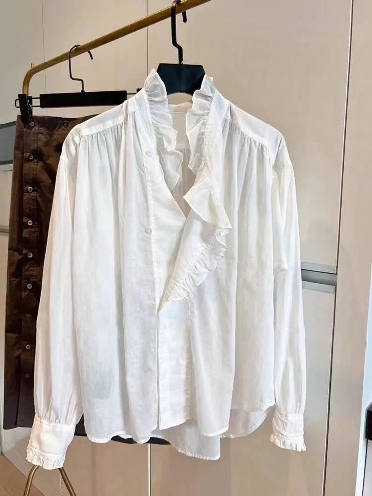 Женская белая рубашка с длинным рукавом с отделкой «французское ухо» - Ранняя весна 2026 M