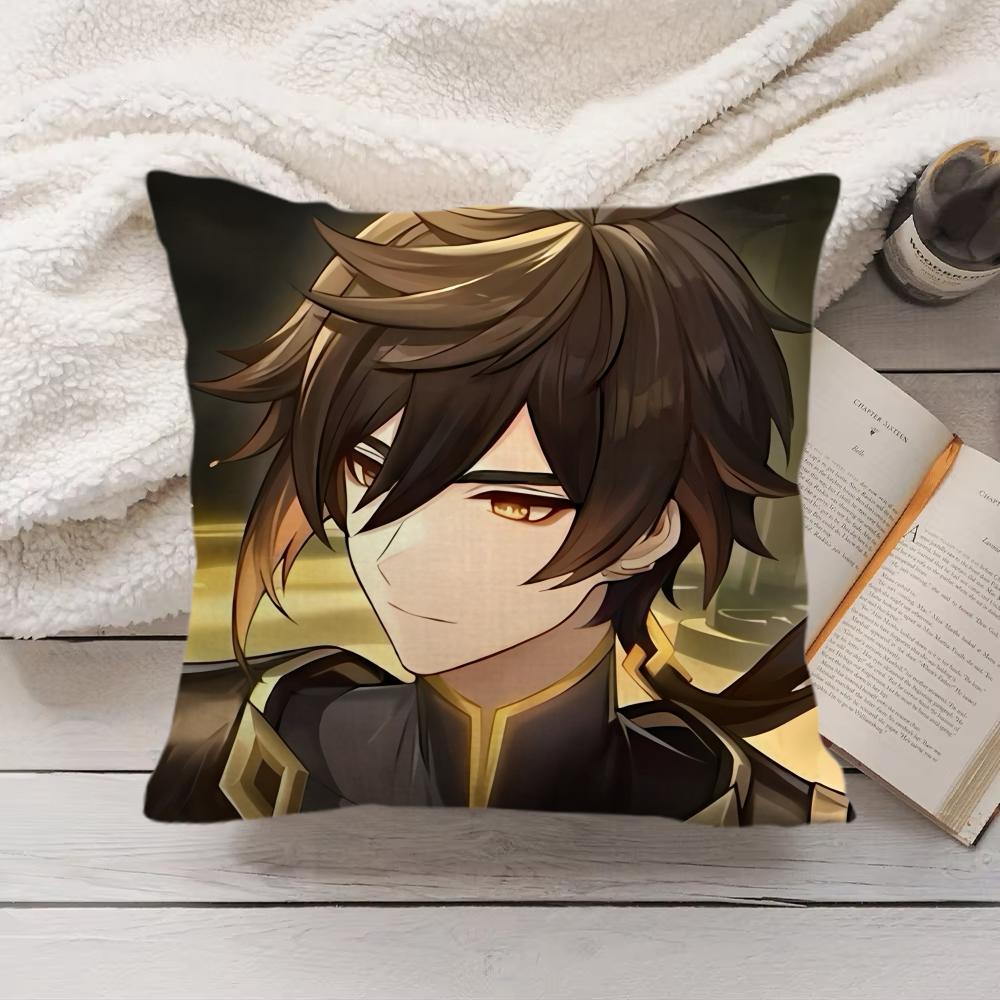 Zhongli Genshin Impact Cute Cushion Cover Silky Short Plush Invisible Zipper Dustproof Sofa Pillow Case For Home Decor